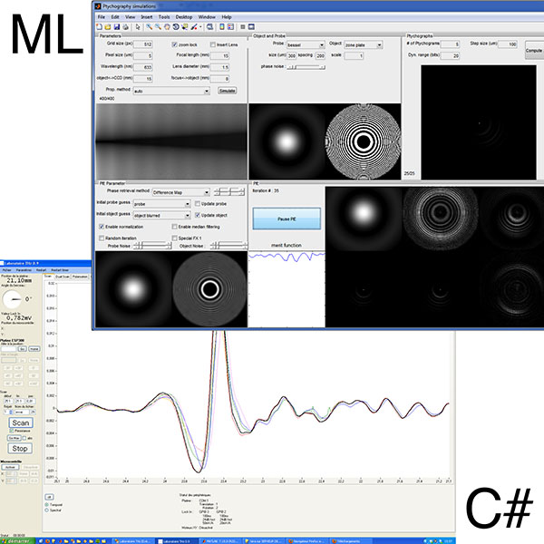 Instrument control with C#, ptychography simulations with Matlab